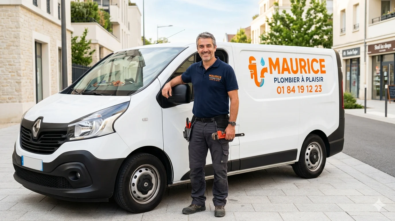Maurice, artisan plombier, devant son véhicule d'intervention à Plaisir